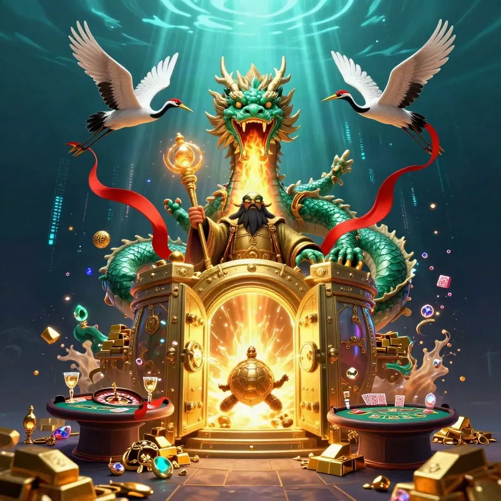 Emerald dragon, turtle sage, and cranes burst from a treasure vault in neon casino light.