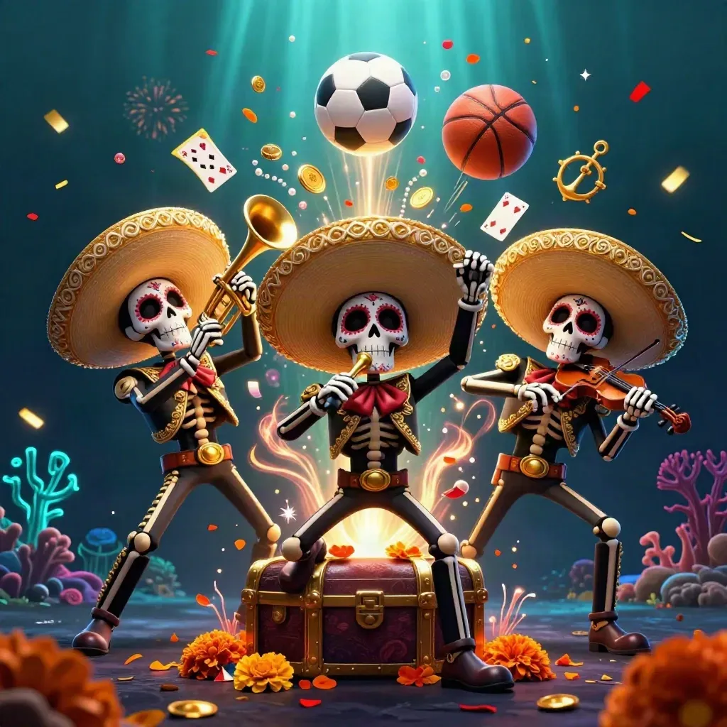 Skeleton mariachi trio with flying soccer ball underwater in gold and teal casino glow.