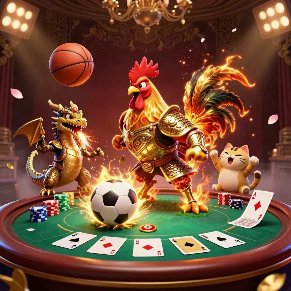 Rooster warrior, dragon hatchling, and fortune-cat amid casino props, sparks, chips, and balls.