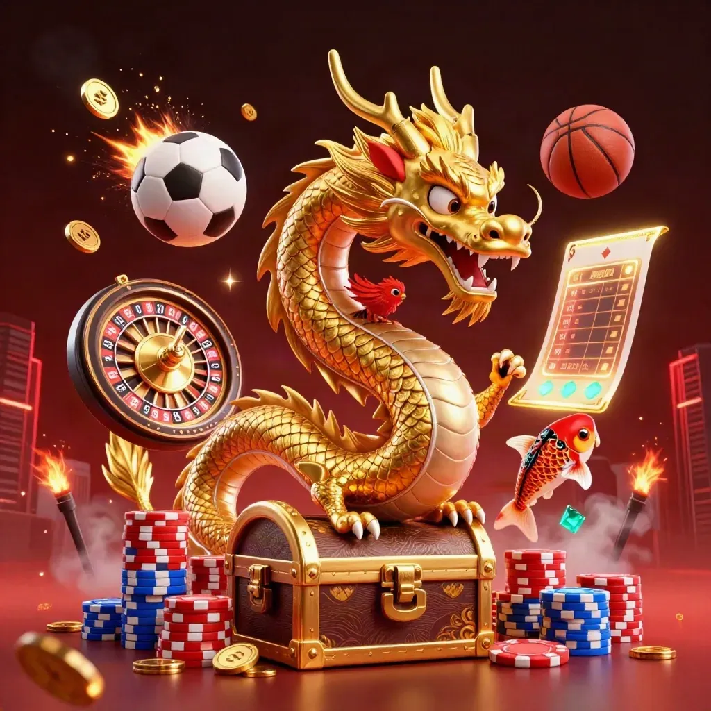Golden dragon, phoenix, koi, casino chips, coins, soccer and basketball under red stadium light.
