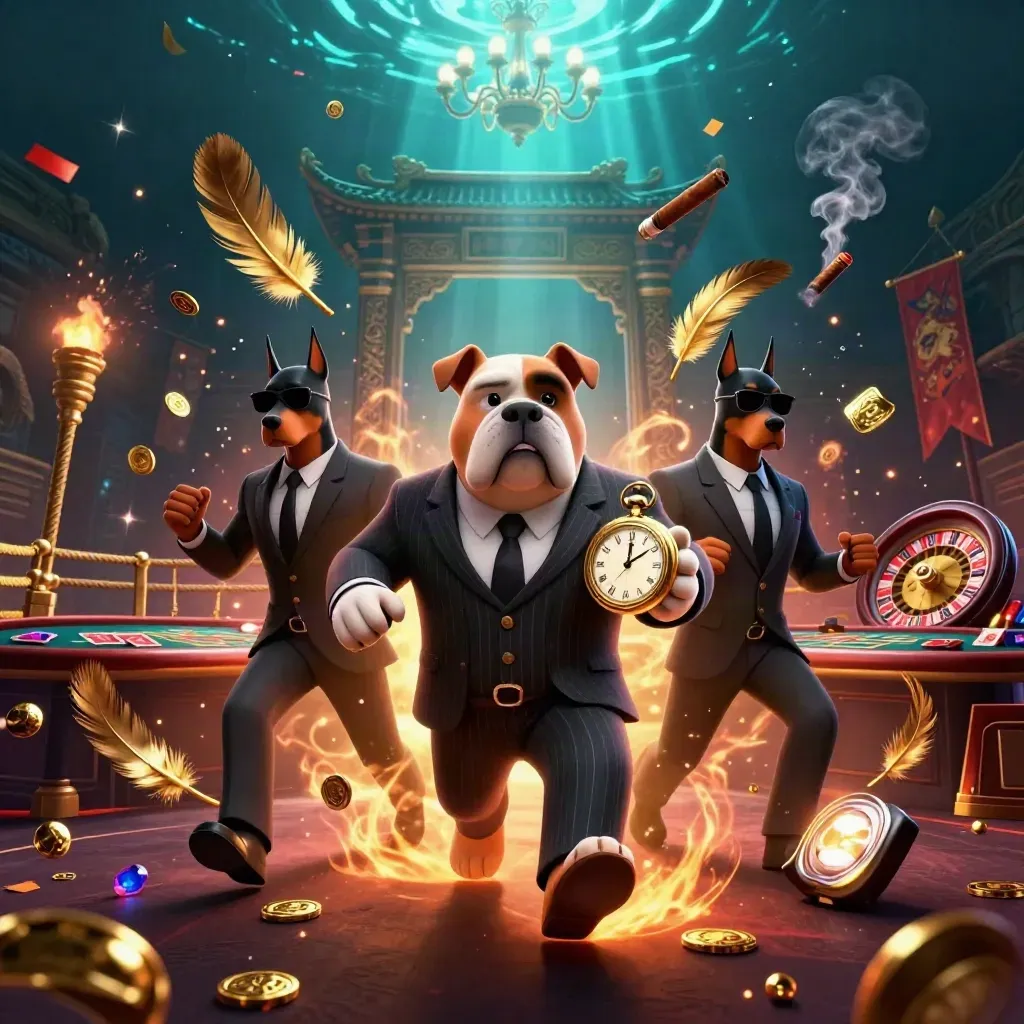 Cartoon mafia bulldog and Dobermans in a glowing casino room with gold, teal, and red effects.