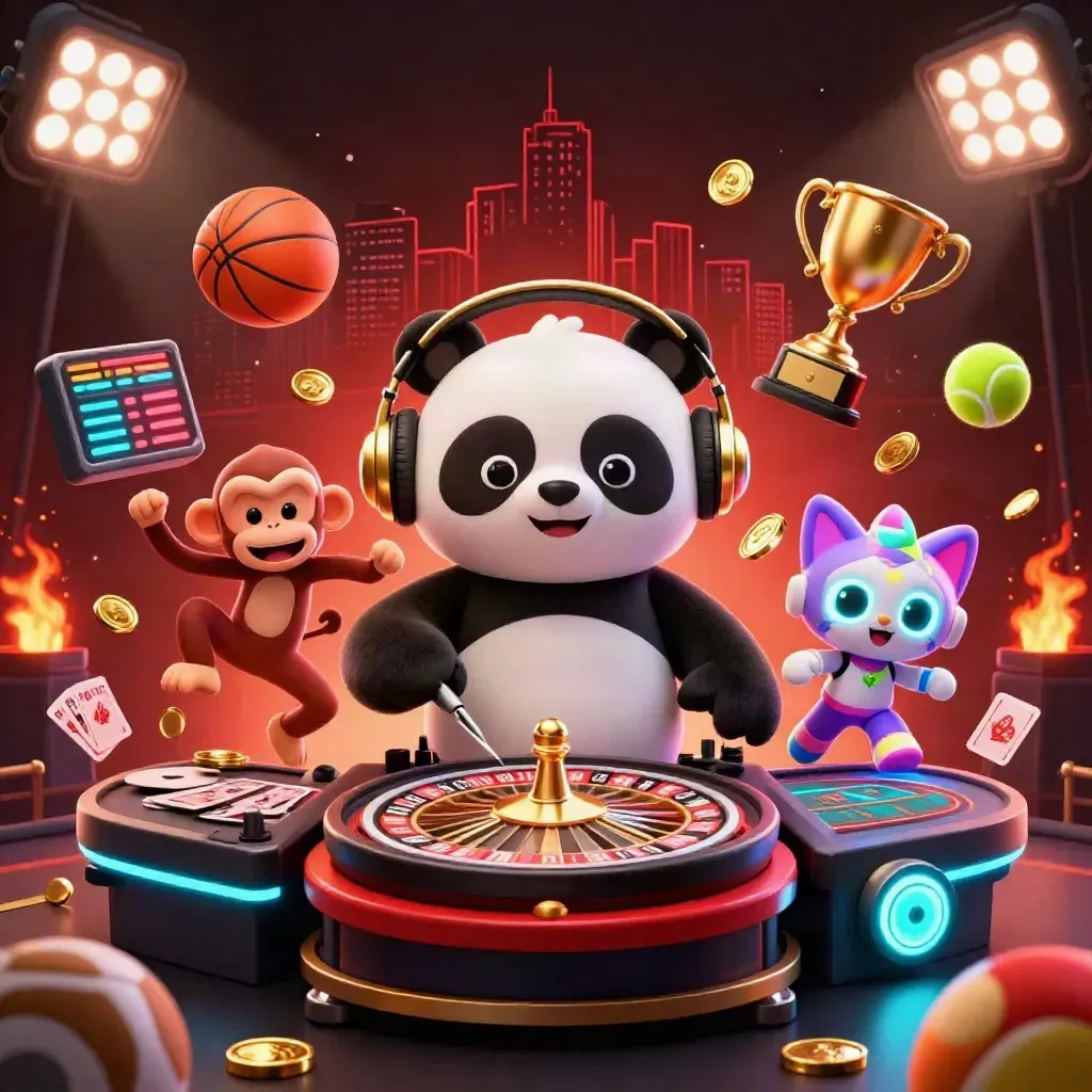 Panda DJ, dancing monkey, and glow-stick kitten in a neon casino scene with coins and sports balls.