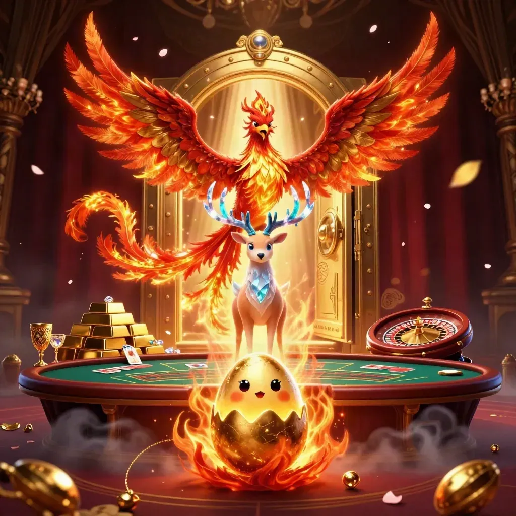Phoenix, stag, and vault door in a glowing luxury casino scene with gold and teal light.