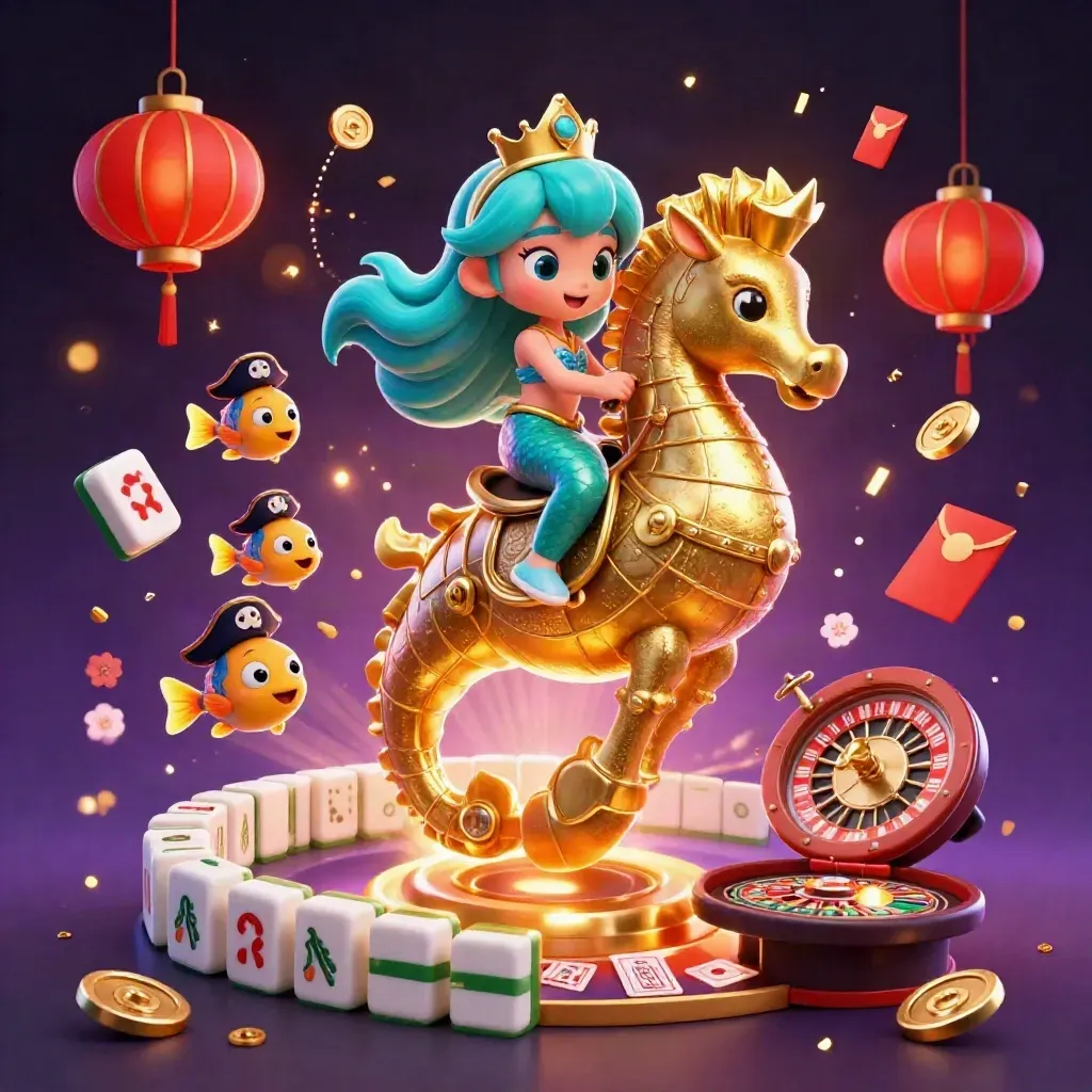 Mermaid princess on gold seahorse amid casino magic, lanterns, coins, and starry purple glow.