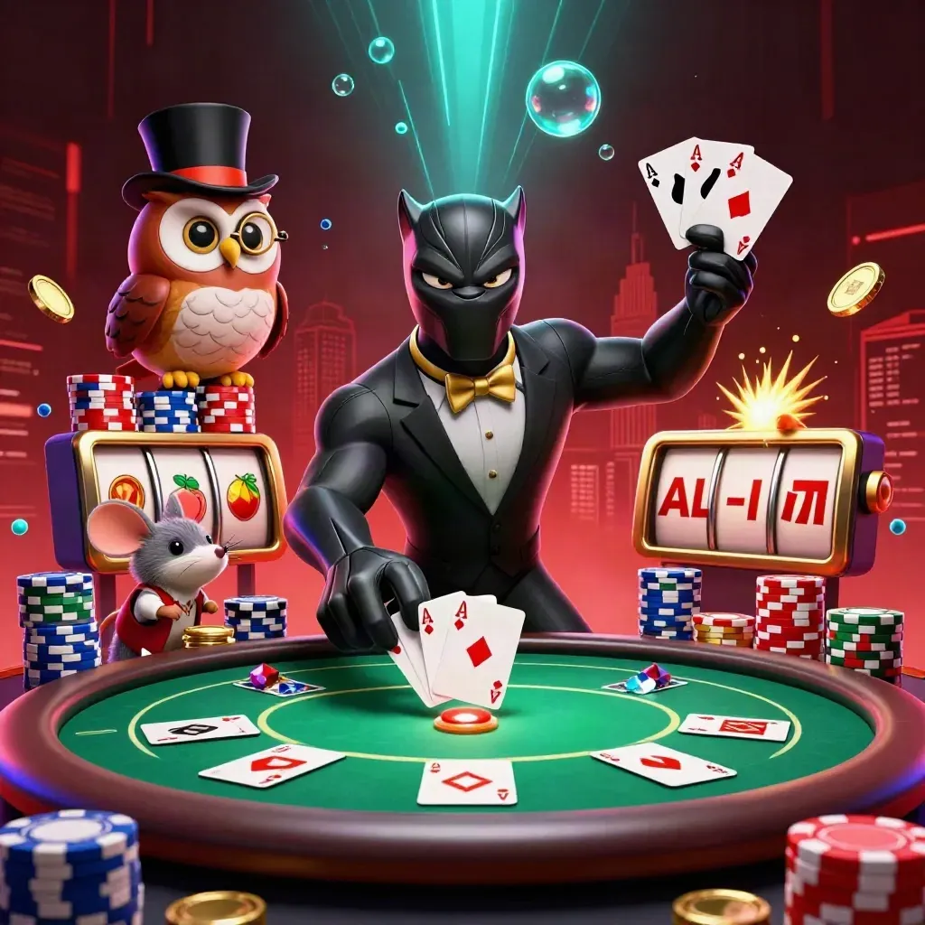 Panther, owl and mouse deal cards amid chips, gems and neon teal casino effects.