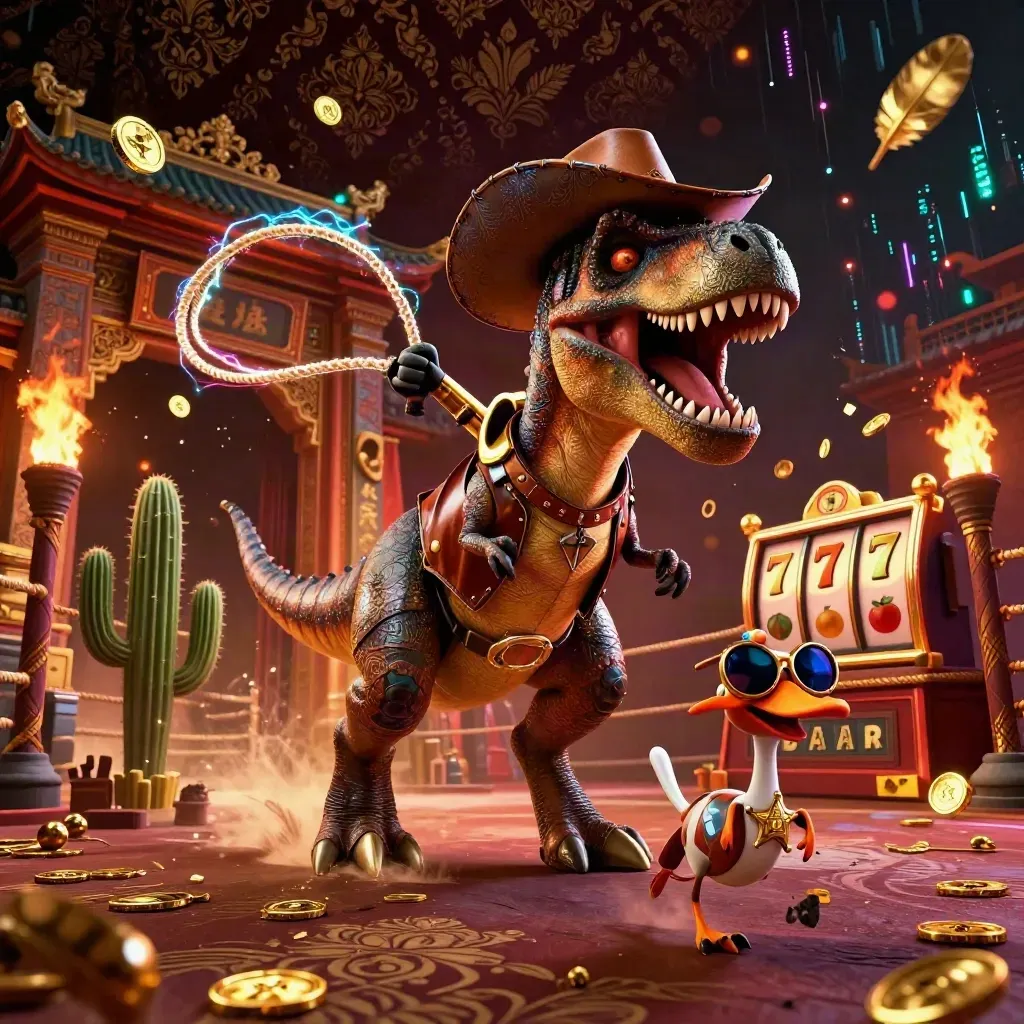 Cowboy T-Rex, cactus sidekick, and roadrunner burst through a neon casino vault scene.
