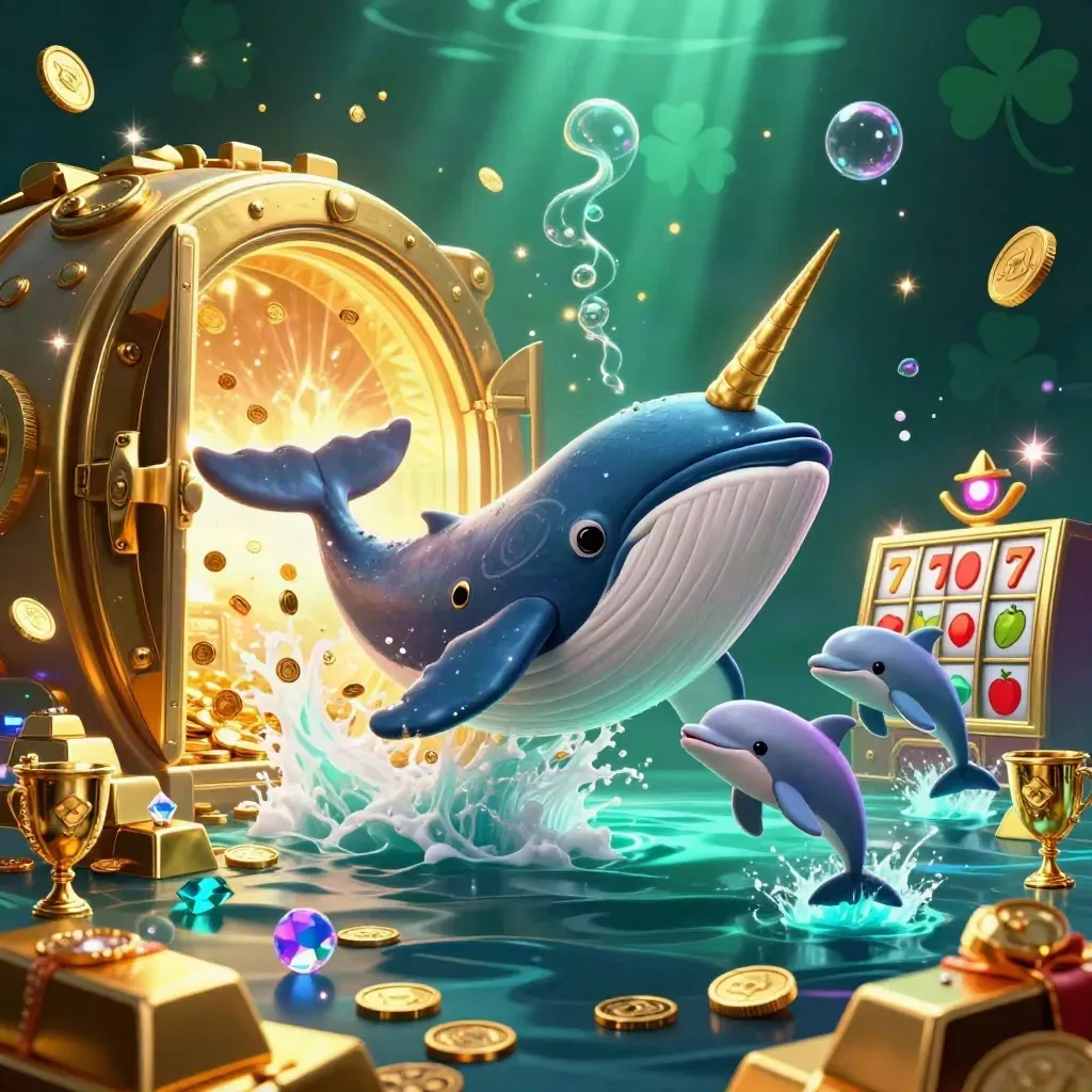 Whale captain, narwhal, and dolphins burst from coins with treasure and teal glow