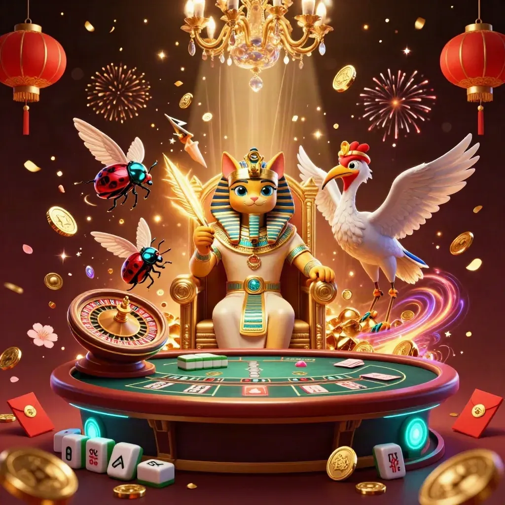 Pharaoh cat, ibis scribe, and gem-wing scarabs amid casino treasure bursts and fireworks.