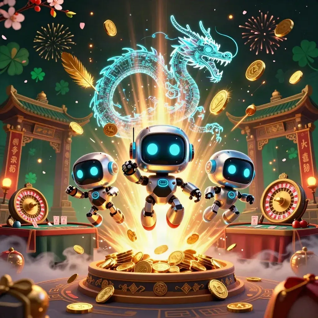 Cyberpunk robot, holographic dragon and coin drone amid vault gold, roulette, cards and casino glow.
