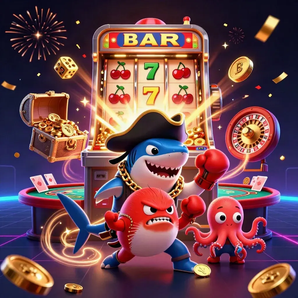 Pirate shark, boxing pufferfish, baby octopus amid slot burst, coins, fireworks, neon casino glow.