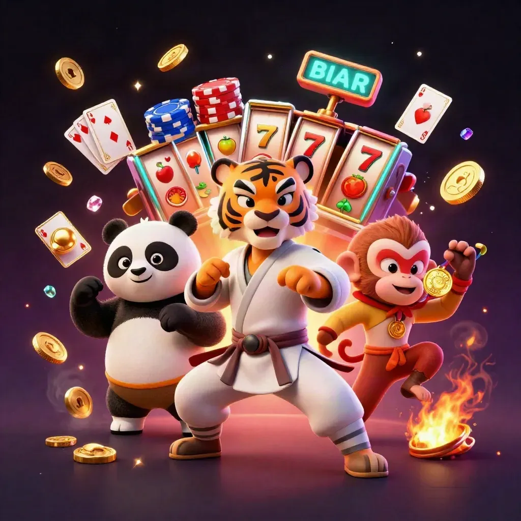 Kung-fu tiger, panda, and monkey casino heroes amid coins, cards, roulette, chips, and glowing embers.