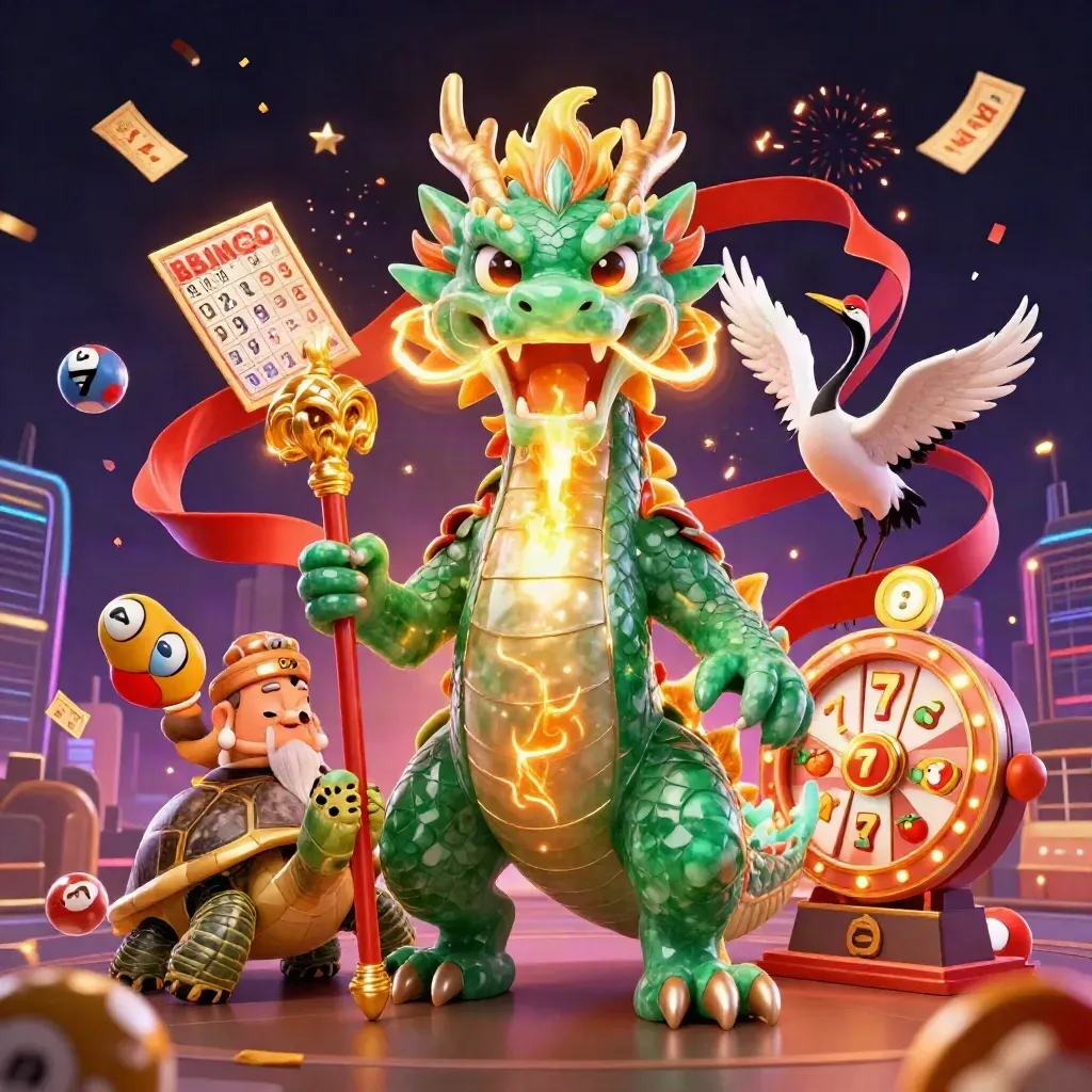 Jade dragon, turtle sage, and cranes amid casino bursts, gold fire, reels, balls, and neon grid.