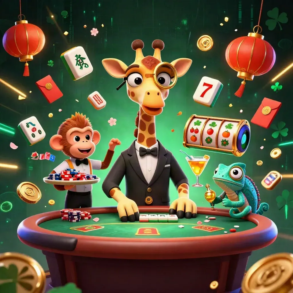 High-roller giraffe, monkey valet, and chameleon bartender in a glowing casino splash scene.