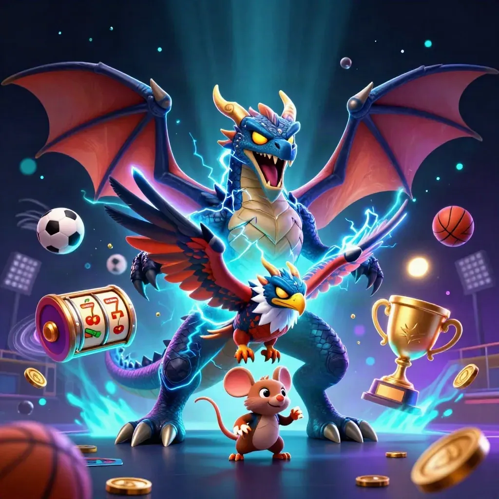 Thunder dragon, hawk and mouse amid casino balls, coins, reels and cyan lightning.