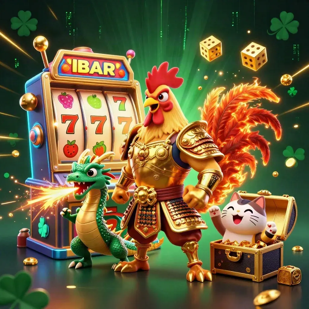 Rooster samurai, spark-breathing dragon hatchling, and fortune-cat amid casino jackpot chaos.