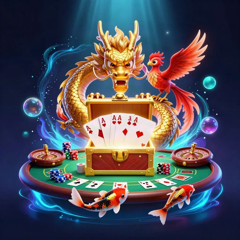 Golden dragon with phoenix and koi amid casino chips, cards, and neon treasure glow.