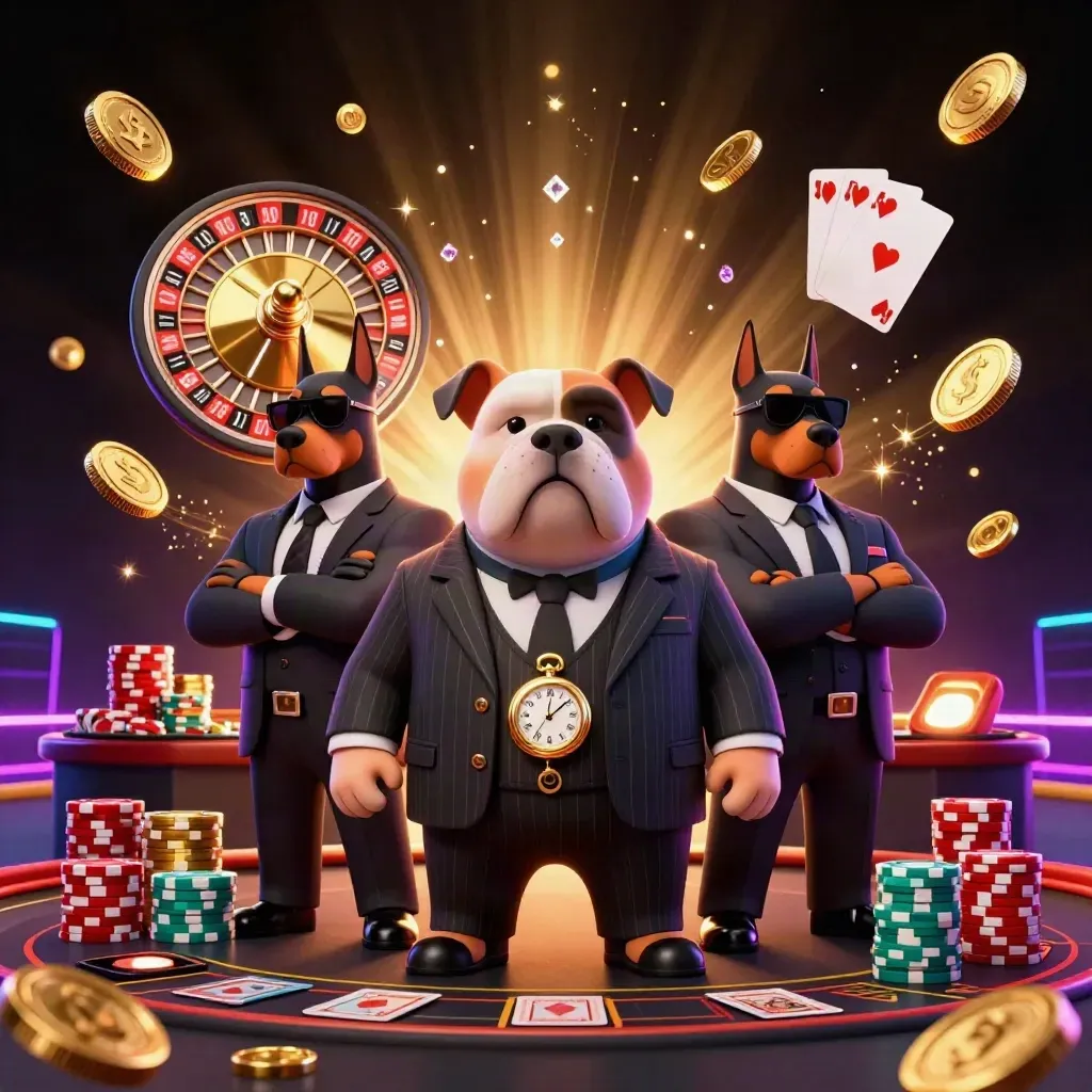 Cartoon mafia bulldog and two Dobermans amid coins, chips, cards and roulette glow