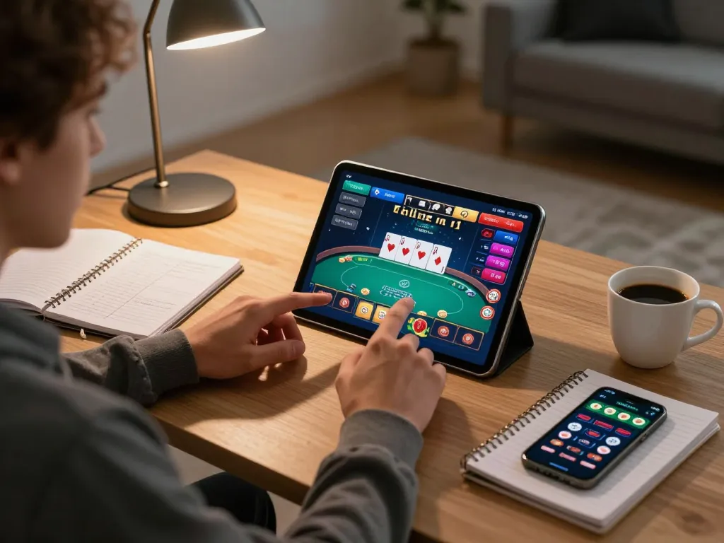 Enjoying a thrilling online casino experience with sun win on a tablet, showcasing poker gameplay and strategy.