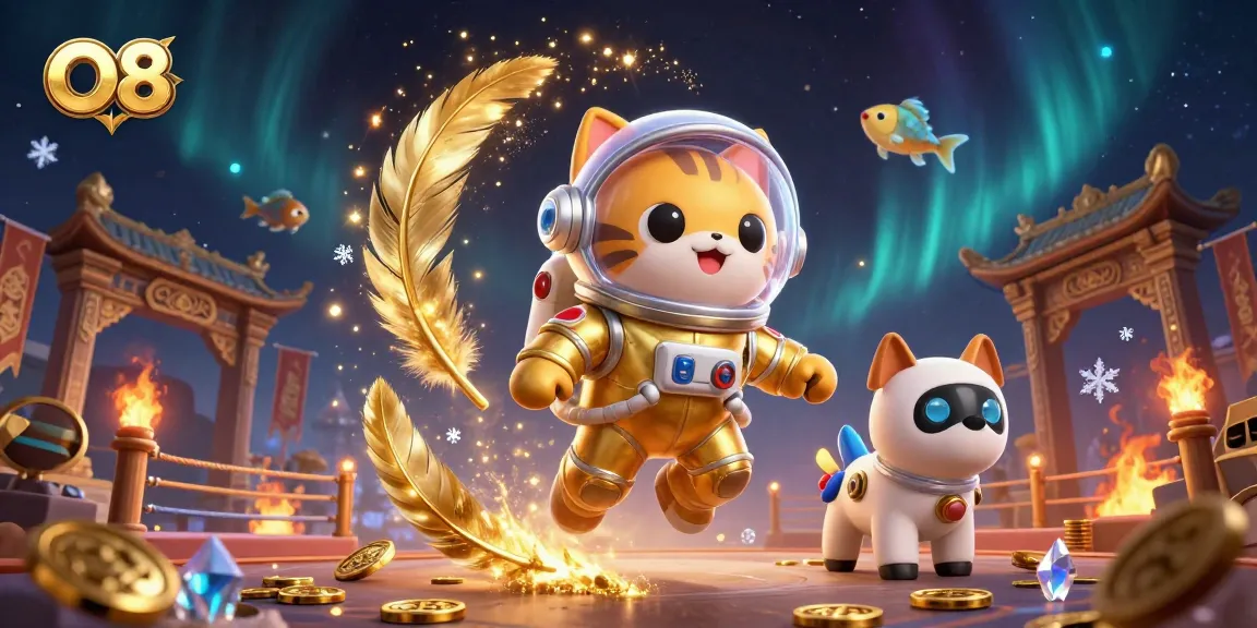 Experience the thrilling O8 casino adventure with the astronaut cat and dog in a gold-themed dreamscape.