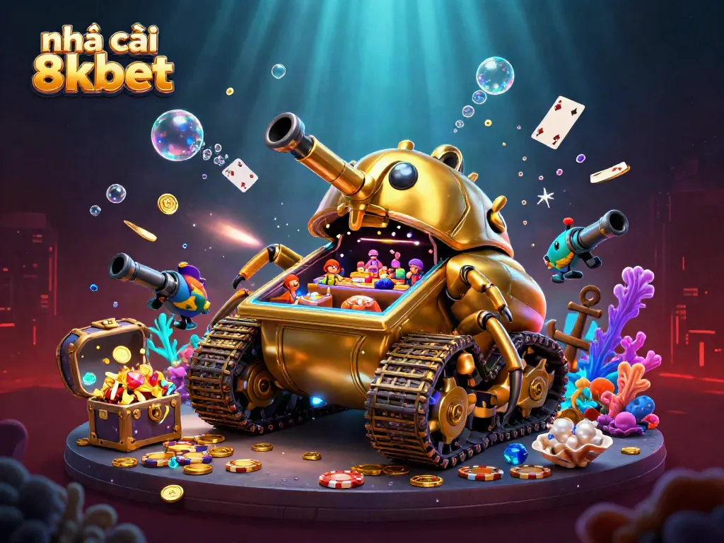 Experience the excitement of nhà cái 8kbet with a vibrant casino world inside a golden beetle tank.