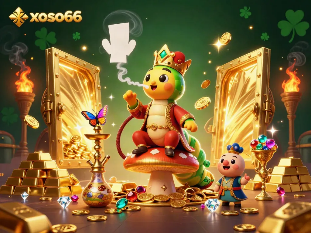 Experience the vibrant charm of xoso66 with a playful, 3D caterpillar master and jewels bursting from a treasure vault.