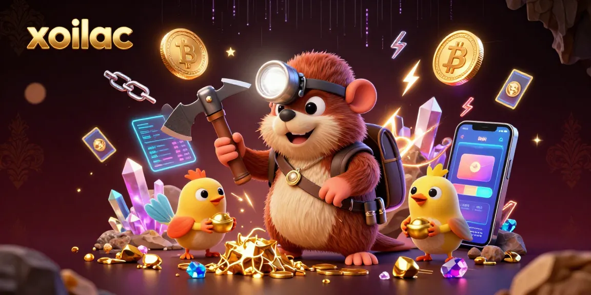 Engage with xoilac's vibrant treasure hunting scene featuring cryptocurrency details and rich glimmering elements.