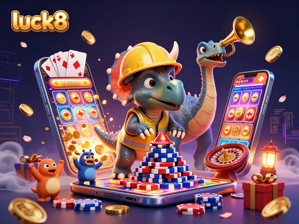 Win big at luck8 with an exciting casino scene featuring playful characters and vibrant gaming elements.