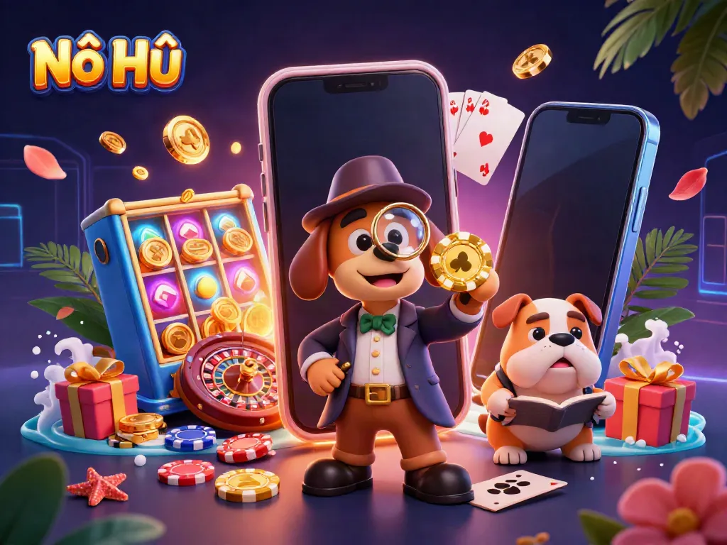 Engage with Nổ Hũ's thrilling slots on a vibrant 3D casino scene featuring characters and gaming elements.