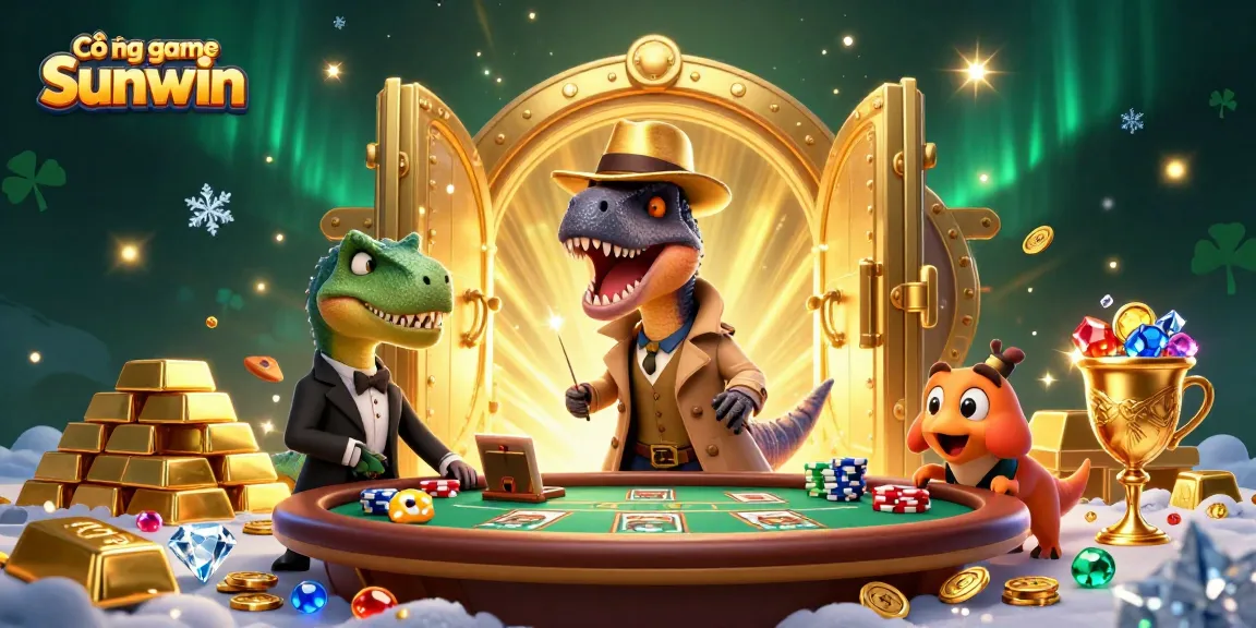Experience the excitement of Cổng game Sunwin with playful velociraptor characters and dazzling casino elements.