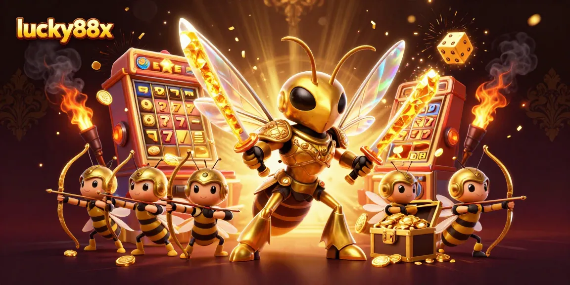 Experience the excitement of lucky88x as golden hornets and bee archers celebrate casino wins amidst dynamic slot elements.
