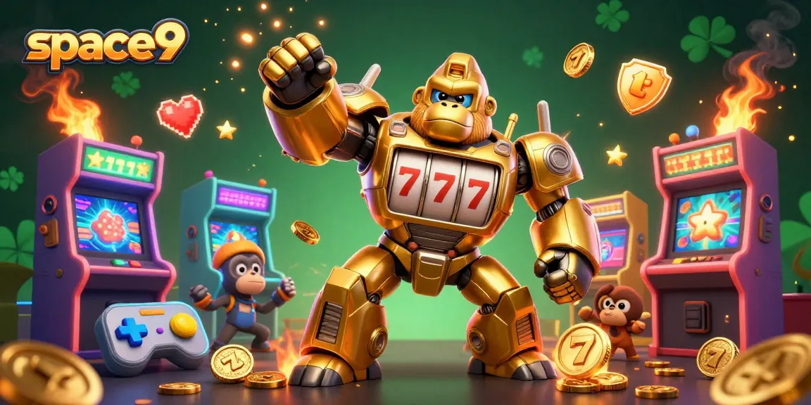 Engage with Space9's exciting slot games featuring golden gorilla mechs and vibrant casino elements.