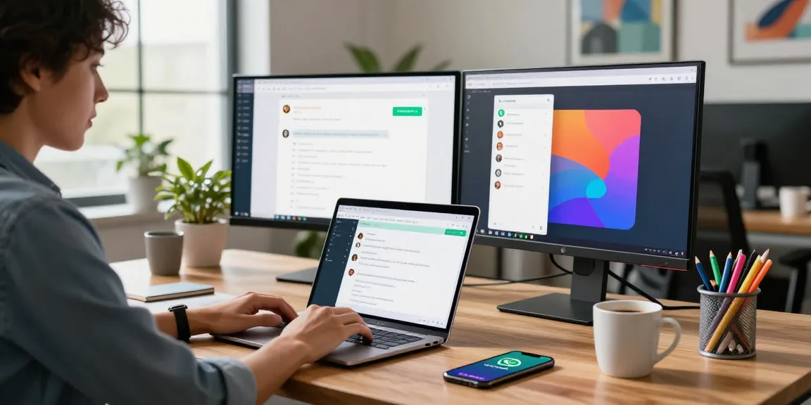 Creative workspace with user accessing WhatsApp網頁版, showcasing a modern desk, dual monitors, and natural light.