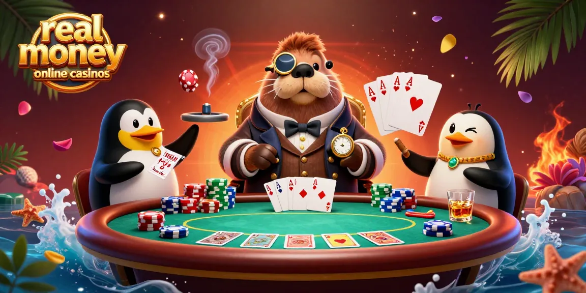 Experience real money online casinos with an engaging underwater poker scene featuring a walrus, dealer penguin, and a bluffing pufferfish.