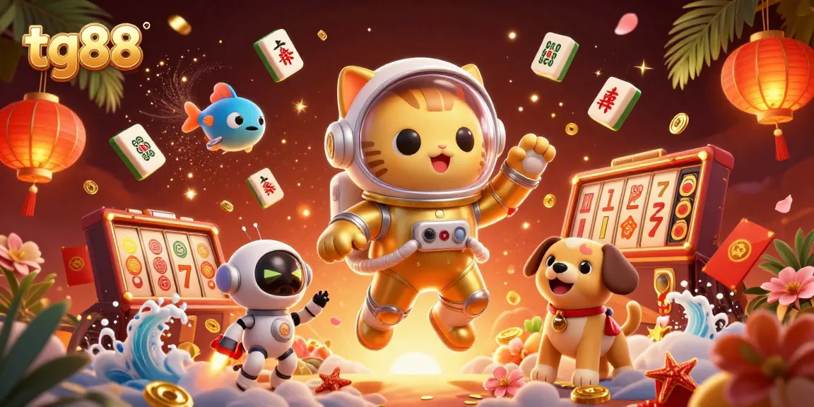 Engage with tg88's dynamic slot game universe featuring a playful cat astronaut and vibrant casino elements.