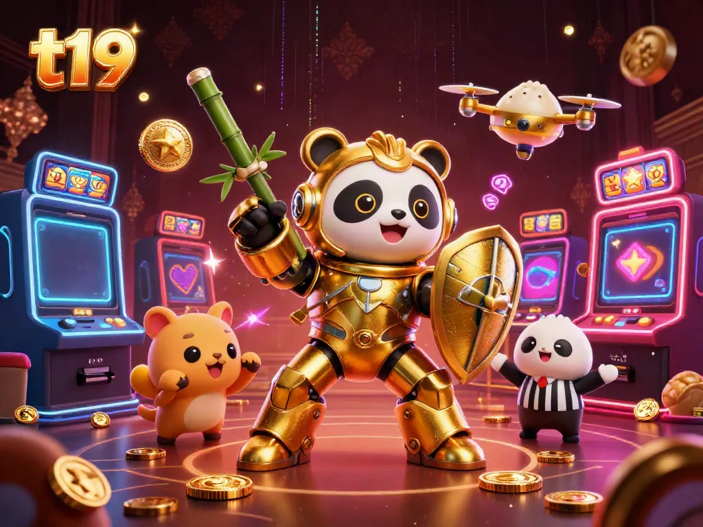Experience the excitement of t19 with a golden panda mech battling in a vibrant casino scene.