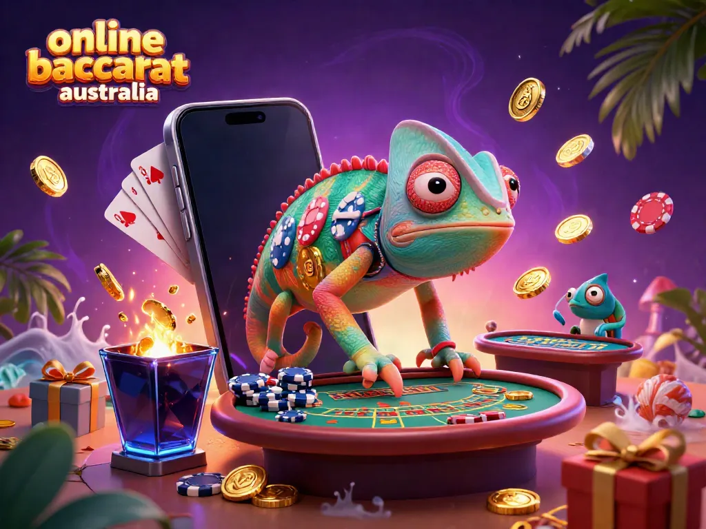 Experience online baccarat Australia with a lively chameleon casino owner amidst vibrant game elements.