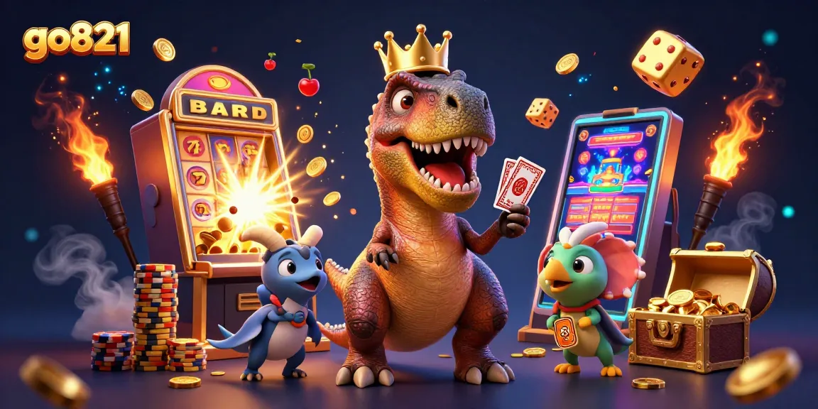 Experience vibrant gameplay at go821 with a 3D T-Rex and exciting casino elements bursting with action.