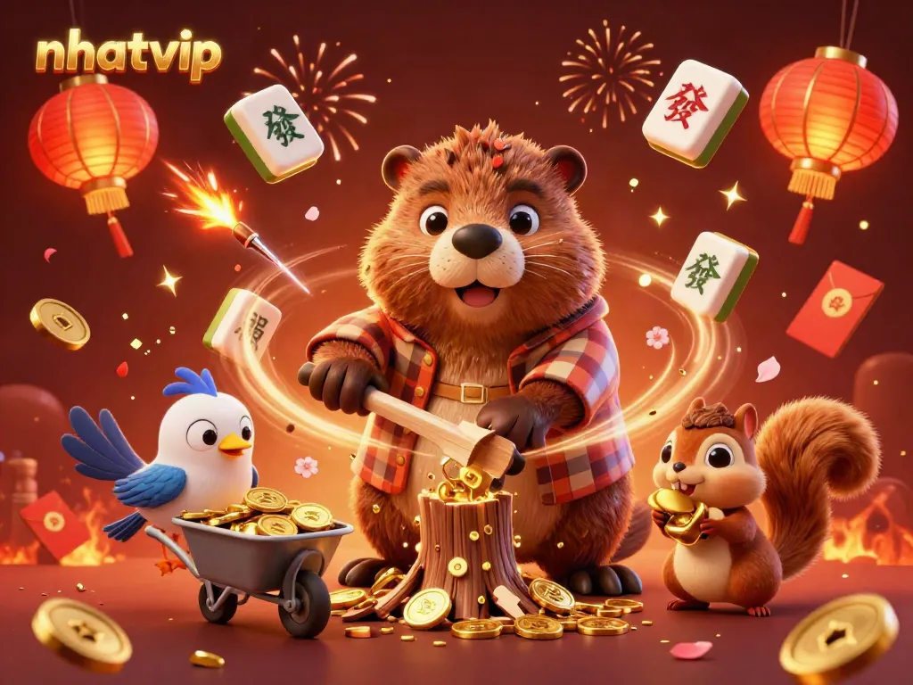 Experience delightful wins with nhatvip in this vibrant casino-themed illustration of a beaver, bird, and squirrel collecting gold.