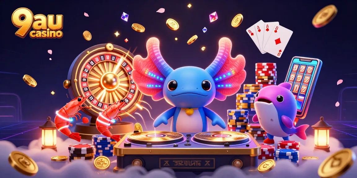Engage with the vibrant 9au casino scene featuring a neon axolotl DJ and a festive underwater party.