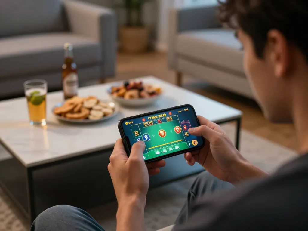 Player enjoying tài xỉu online game on smartphone during a relaxed evening in a modern home.