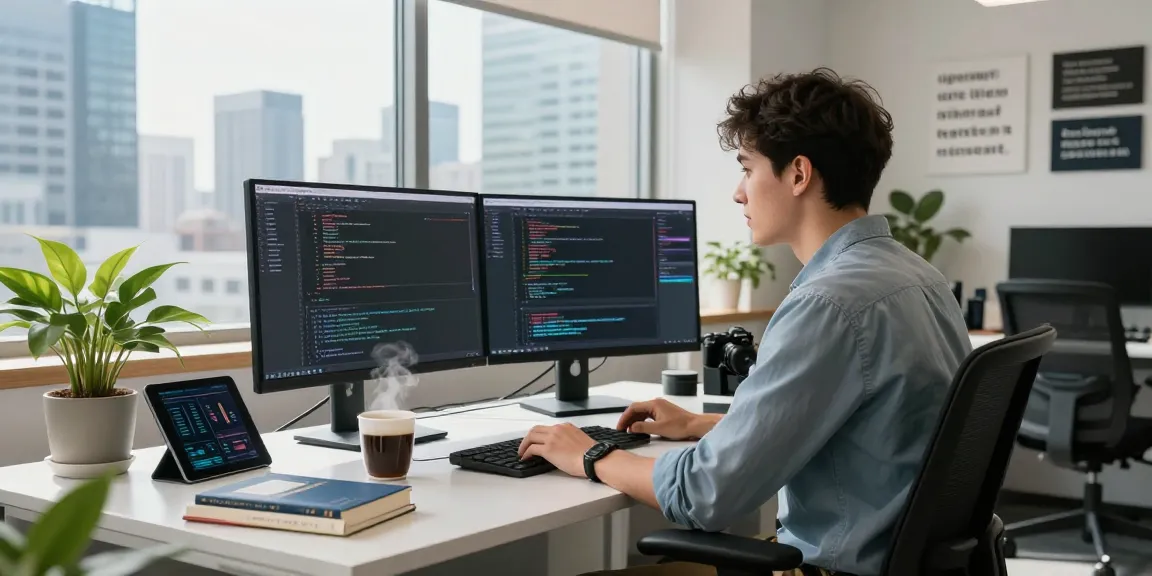 快连 VPN workspace with developer coding on dual monitors and coffee, bright office.
