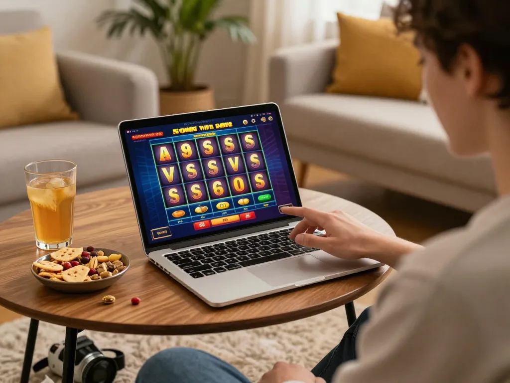 Engaging home gaming scene with tablet showing slot pulsa game, snacks, and cozy atmosphere.
