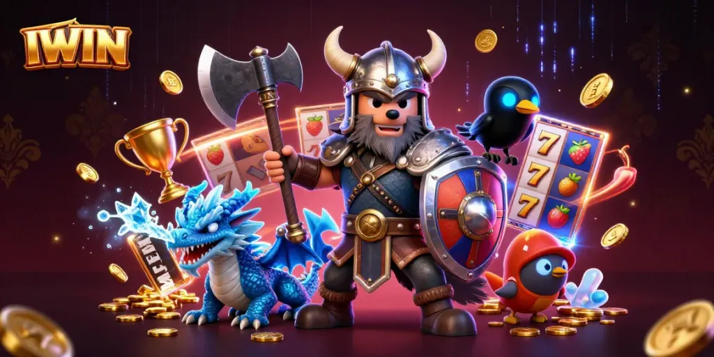 IWIN showcases a thrilling scene with a Viking wolf warrior, dragon, and raven among slot symbols and gold coins.