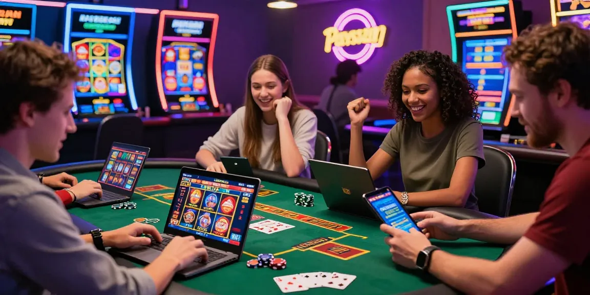 Paysafe-Card-Casino-Szene mit Spielern, die Online-Spiele auf Geräten genießen, und die Spannung sicherer Zahlungen hervorheben.
