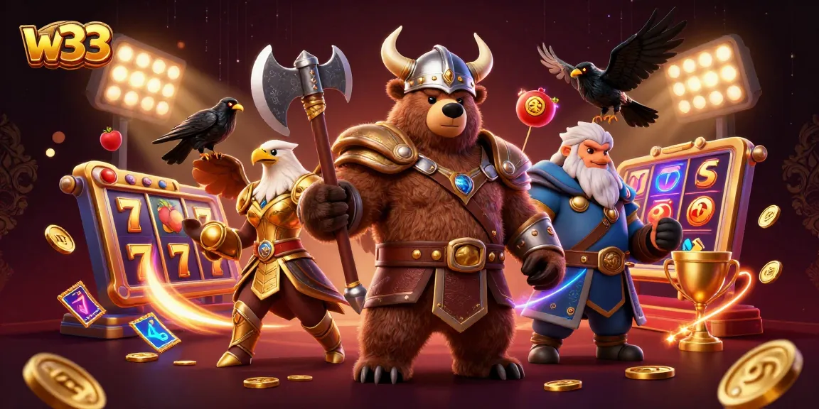 Experience thrilling w33 slots with iconic characters amidst dynamic casino elements.