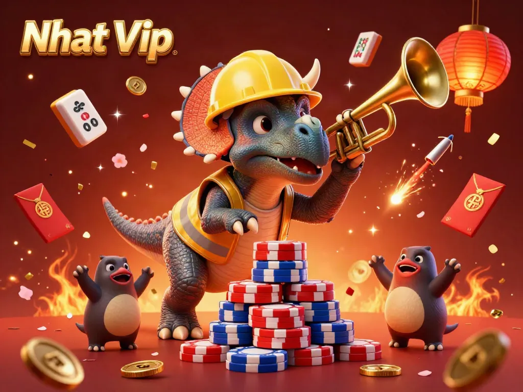 Nhat Vip celebration scene featuring a triceratops building poker chips and a parasaurolophus celebrating with confetti.