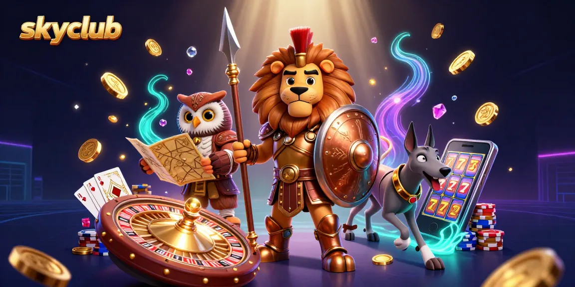 Engage in thrilling skyclub gaming with a Spartan lion, owl, and greyhound amidst dynamic casino elements.