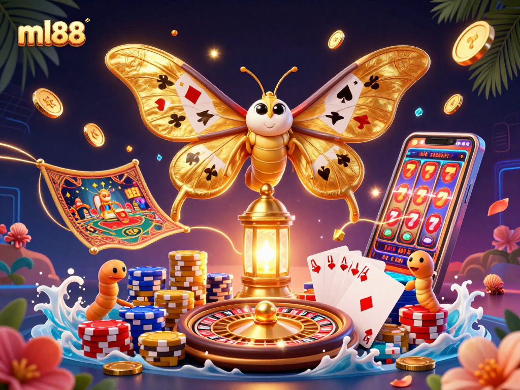 Win big with ml88 at the vibrant casino scene featuring cascading gold coins and slot machine reels.