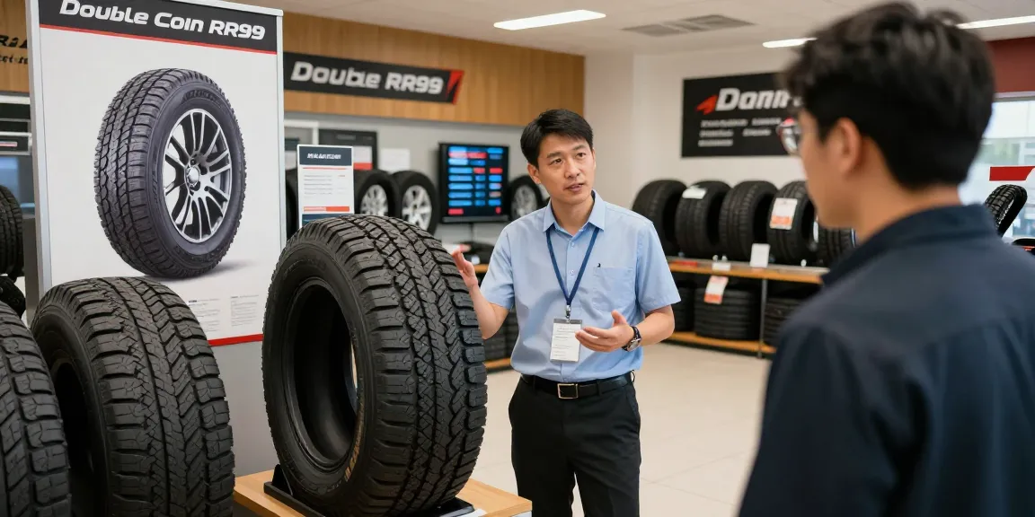 Sales representative demonstrating the Double Coin RR99 tire in a vibrant showroom filled with various tire options and customer engagement.