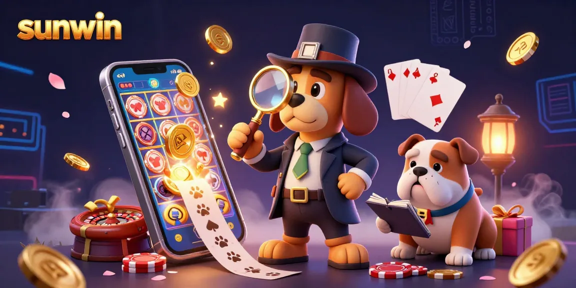 Experience exciting gameplay at sunwin with a thrilling cartoon detective solving poker chip clues amidst vibrant slot games and casino elements.